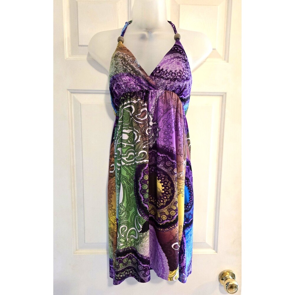 Paradise Purple Paisley Patchwork Halter Mini Dress Y2K Whimsigoth Festival VTG